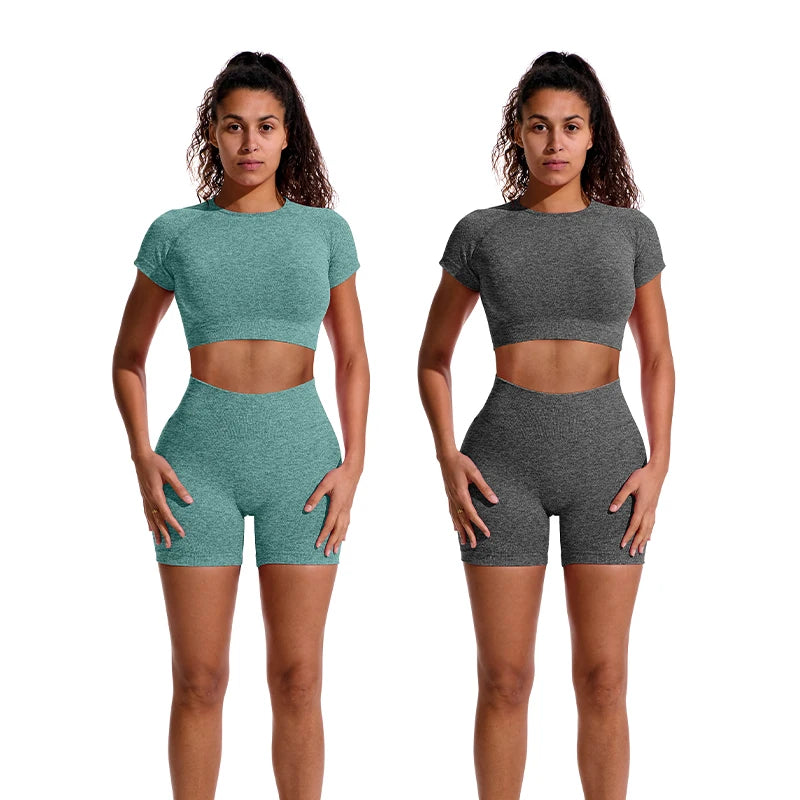 2PCS Women's Sports Yoga Set Seamless Ribbed Knitted Fitness Sportswear