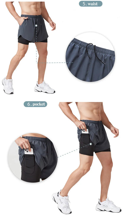 Men's Running Shorts Quick-drying Fitness Black Double Layer Shorts Men