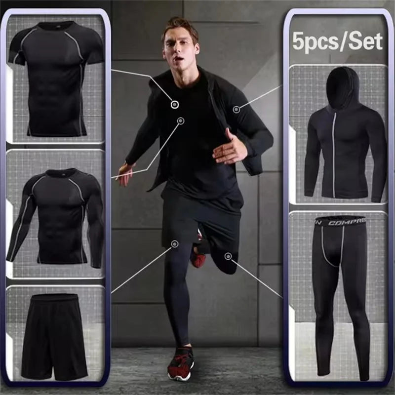 Men Compression Sportswear Set Gym Running Sport Clothes Jogging Tights Tracksuit Fitness T-Shirt Windbreaker Leggings