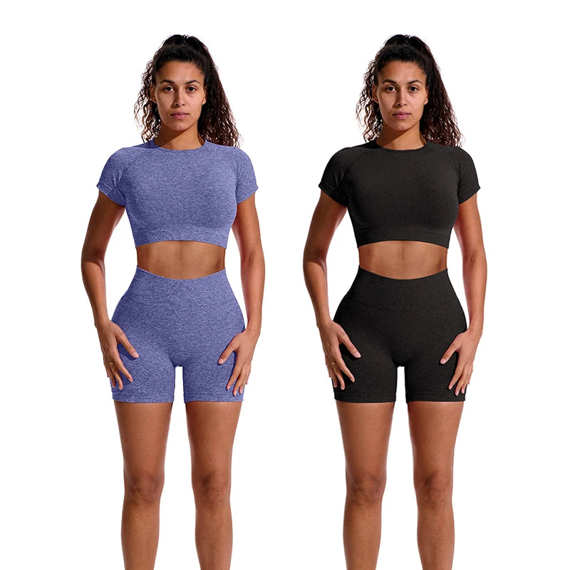 2PCS Women's Sports Yoga Set Seamless Ribbed Knitted Fitness Sportswear