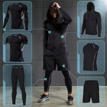 Men Compression Sportswear Set Gym Running Sport Clothes Jogging Tights Tracksuit Fitness T-Shirt Windbreaker Leggings