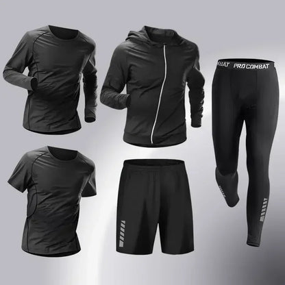 Fashion 3-5 PCS Mens Running Sportswear Set Fitness Jogging Compression Tracksuit Suit Training Sports Clothes Dry Fit Leggings