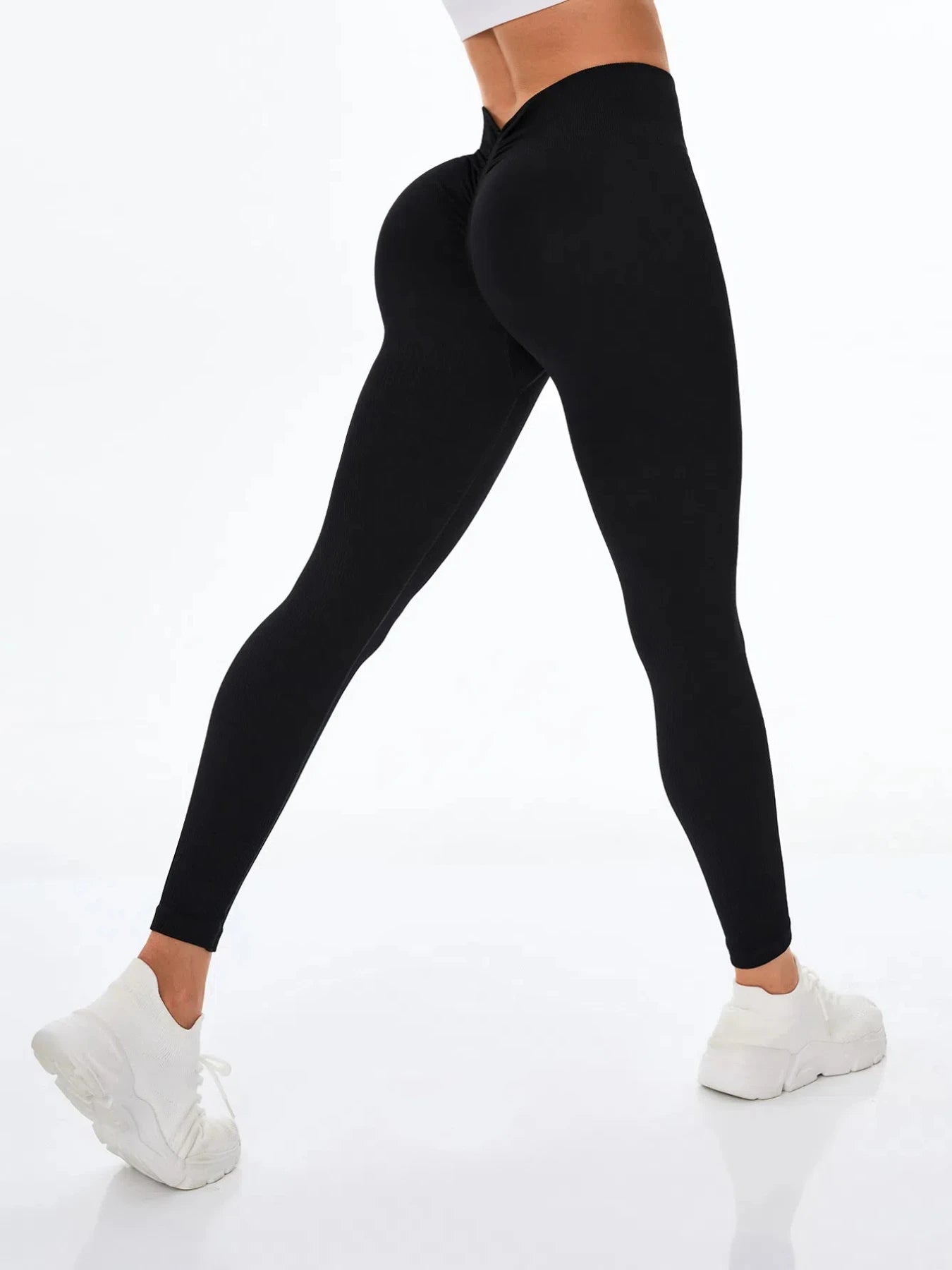 Solid Color Seamless Yoga Pants Back V High Waist Rib Knitted High Stretchy Fitness Running Gym Yoga Leggings For Women