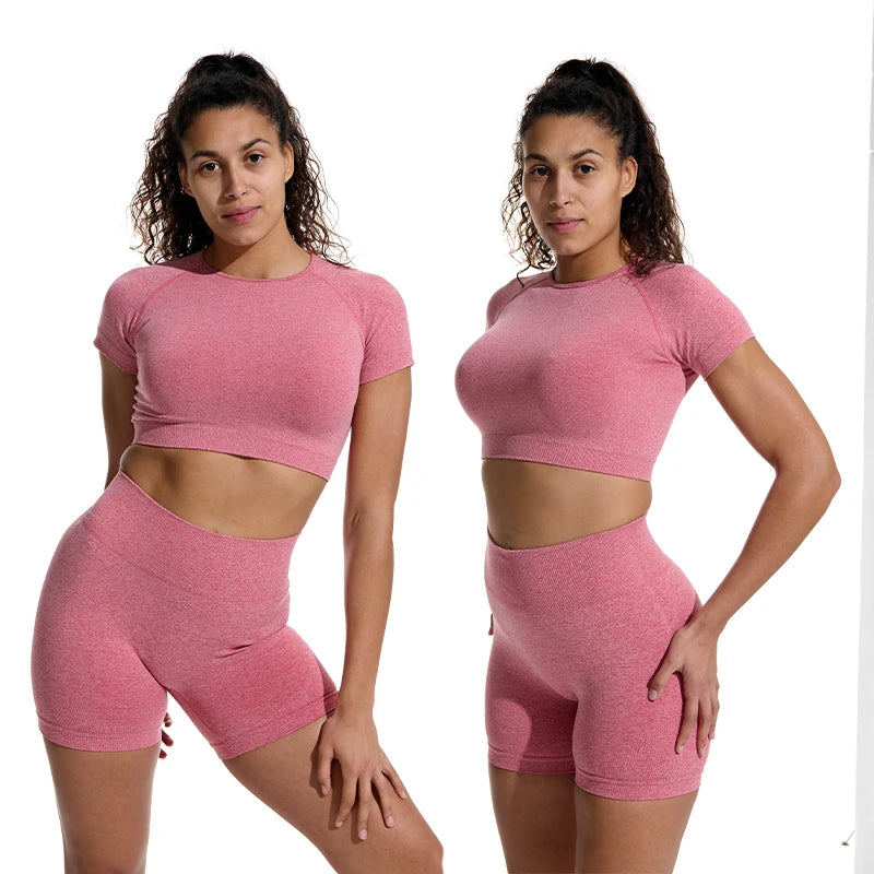 2PCS Women's Sports Yoga Set Seamless Ribbed Knitted Fitness Sportswear